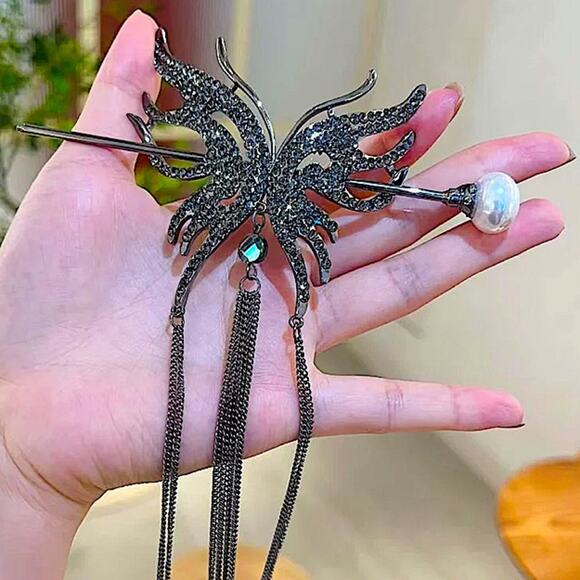 Rhinestone Gunmetal Butterfly Hair Stick Chopsticks Hair Accessory main image 5